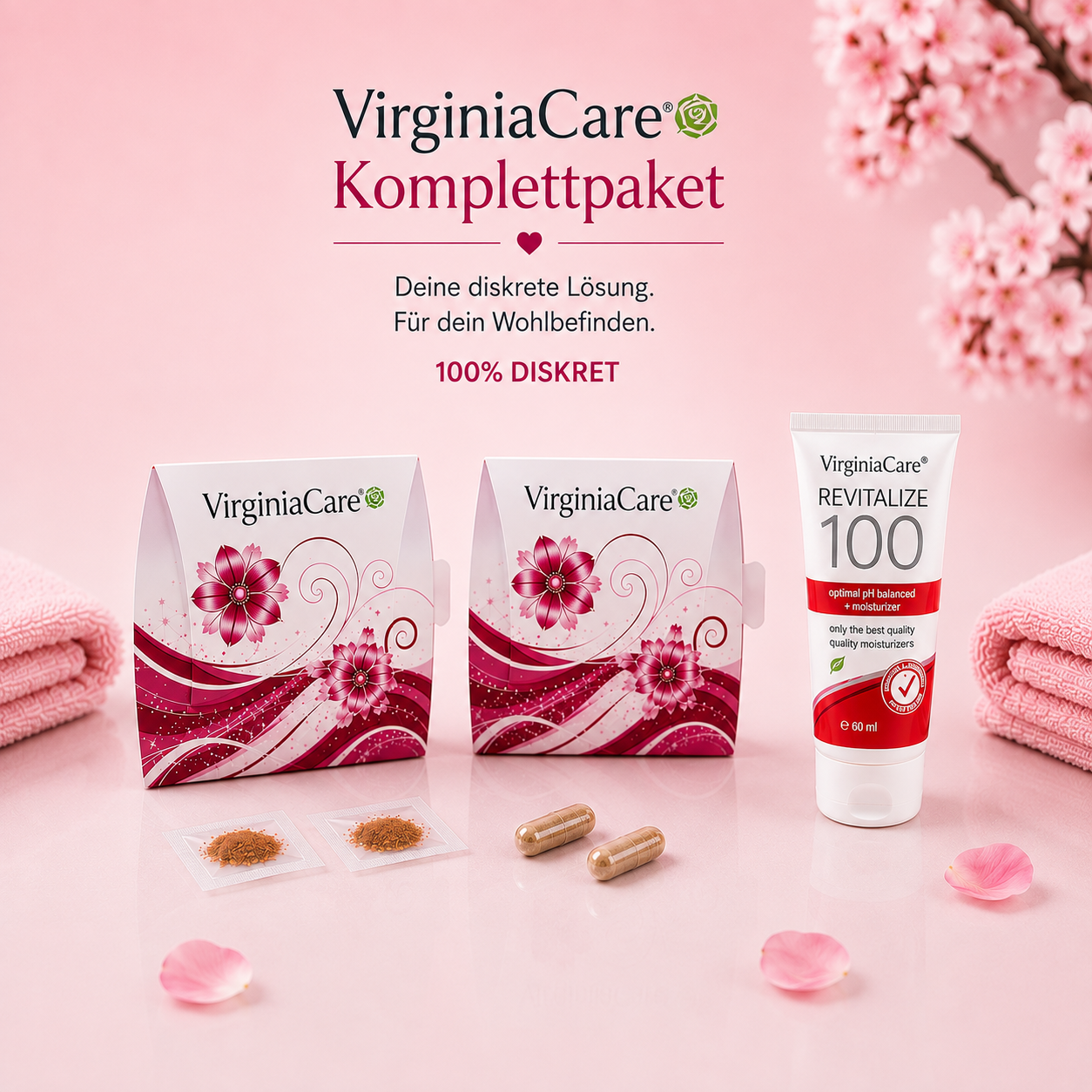 VirginiaCare Komplettpaket mit künstlichem Jungfernhäutchen, Hymen Blutkapseln und Revitalize 100 Intimpflegegel