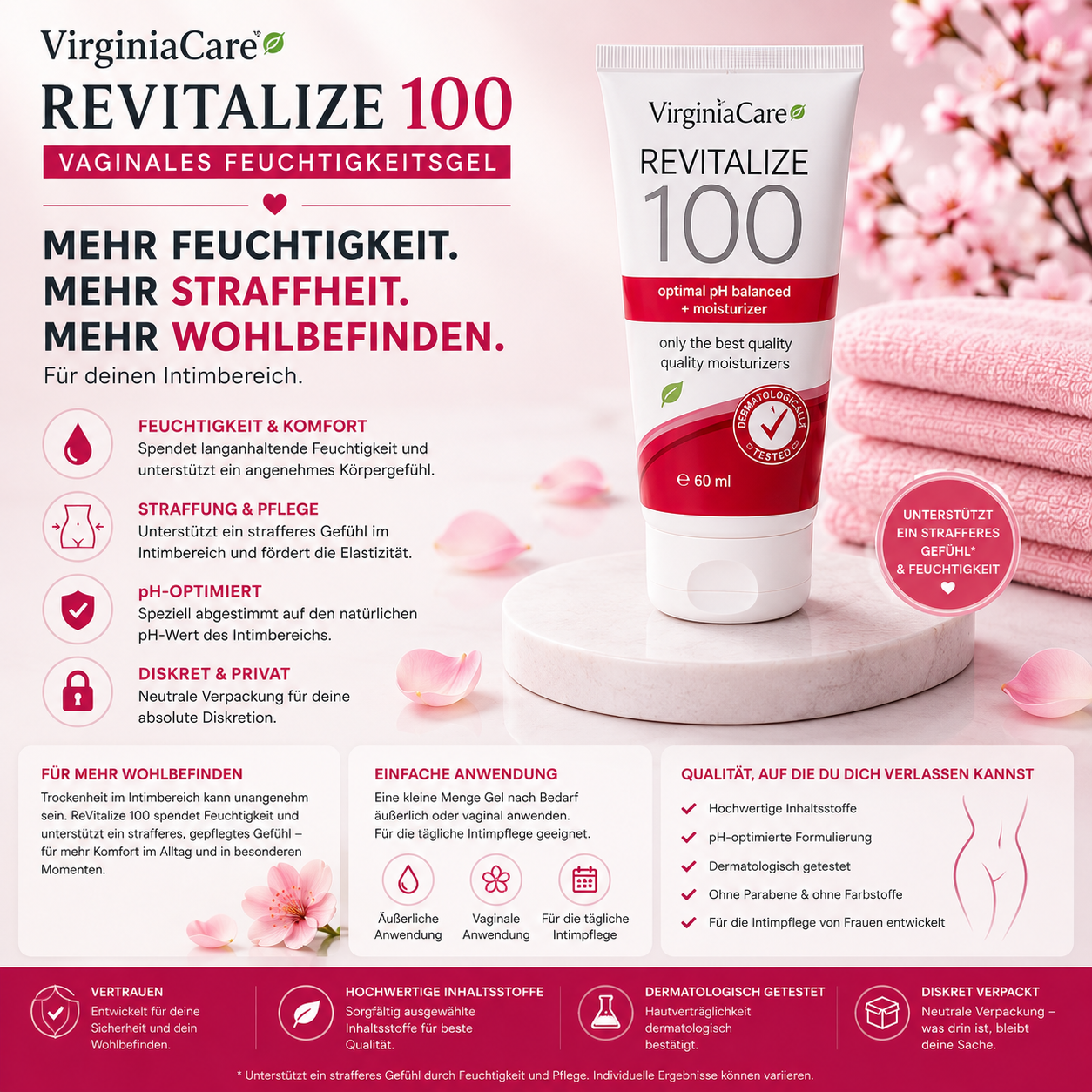 VirginiaCare Revitalize 100 vaginales Feuchtigkeitsgel für Intimpflege, Feuchtigkeit und Pflege