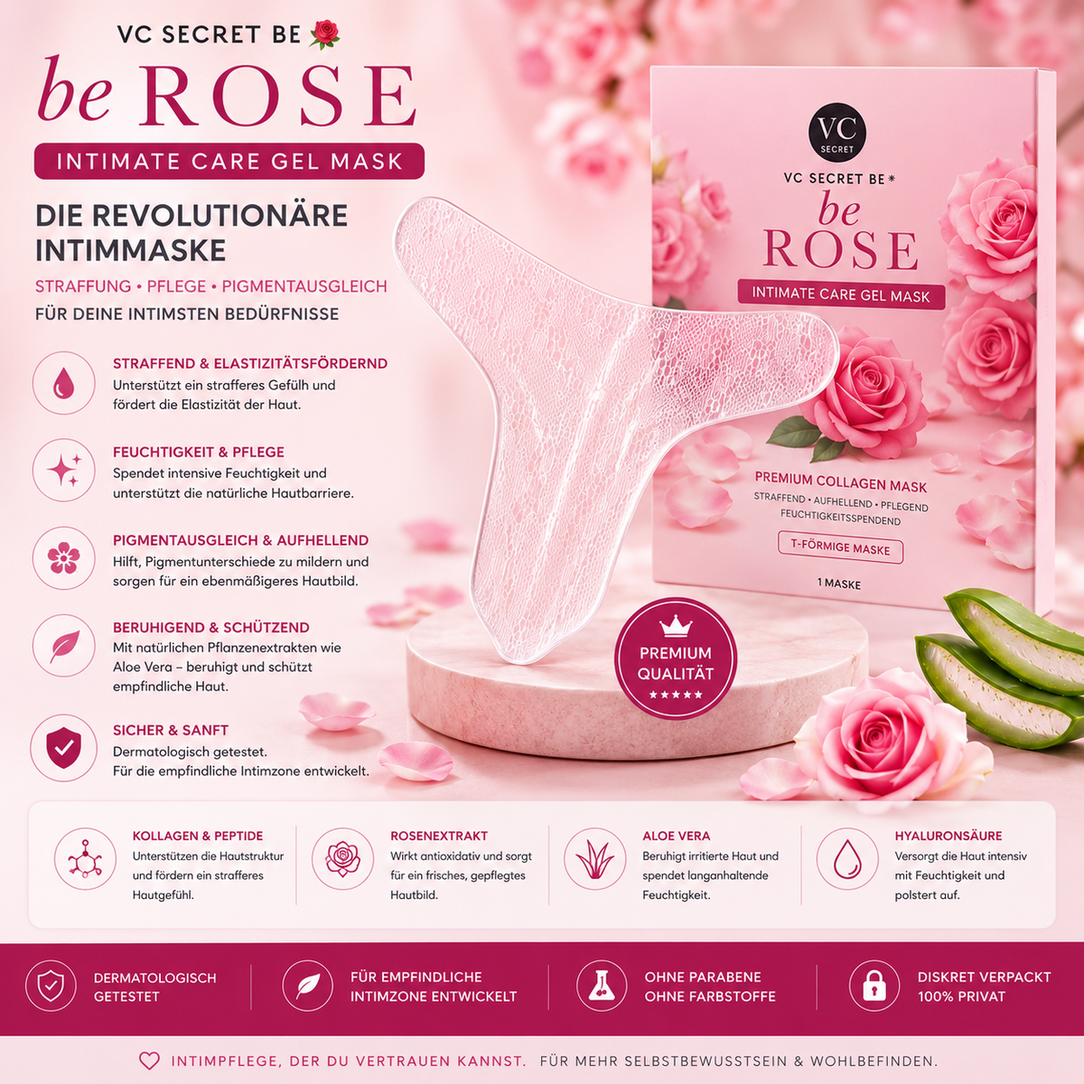 VC Secret be Rose Intimmaske für Intimpflege mit Kollagen, Rosenextrakt, Aloe Vera und Hyaluronsäure