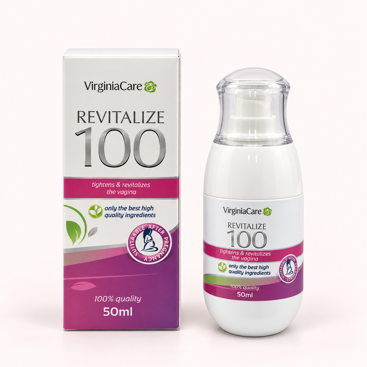 VirginiaCare ReVitalize100 Intimpflegegel auf roséfarbenem Studiohintergrund