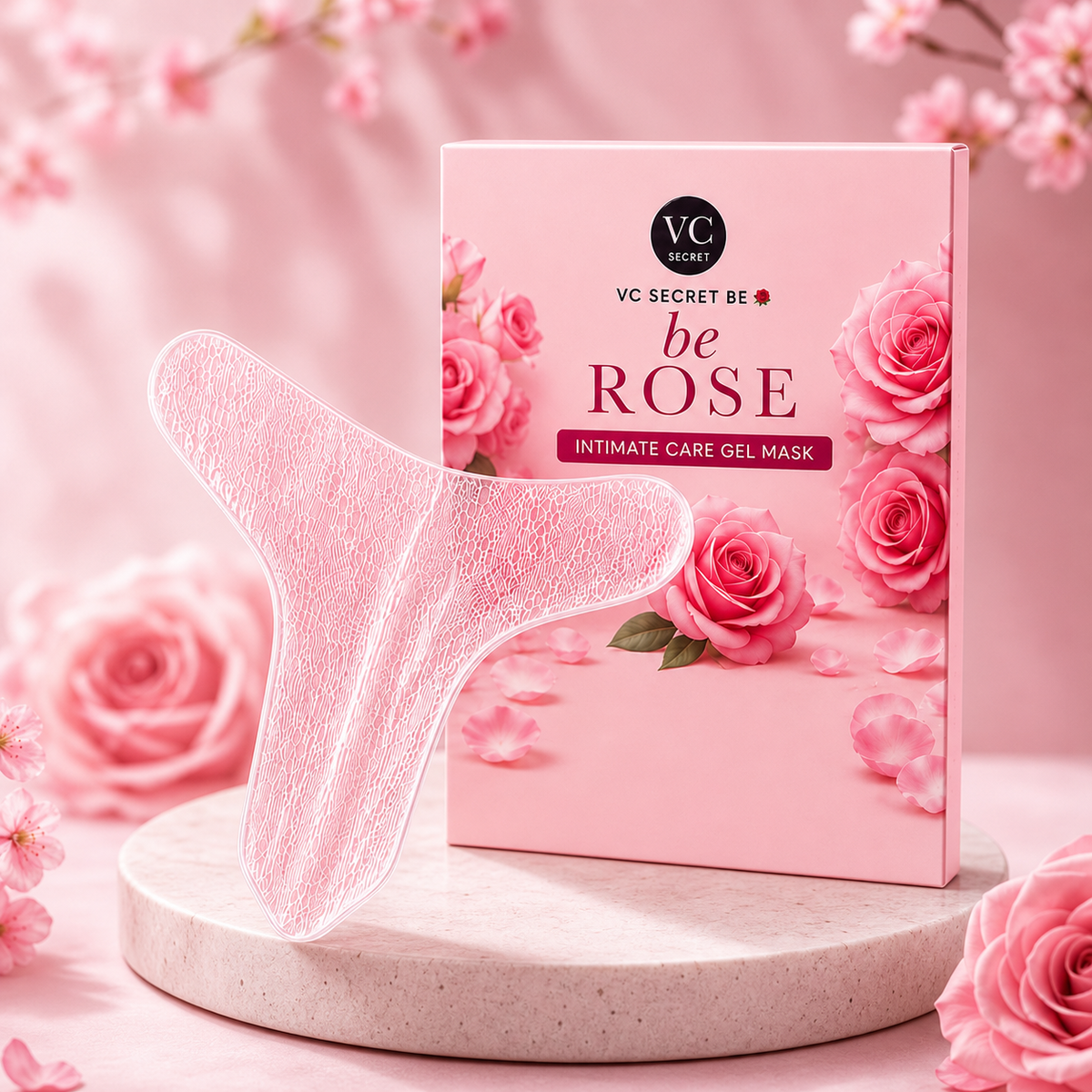 VC Secret be Rose Intimmaske mit T-förmiger Gelmaske auf roséfarbenem Hintergrund