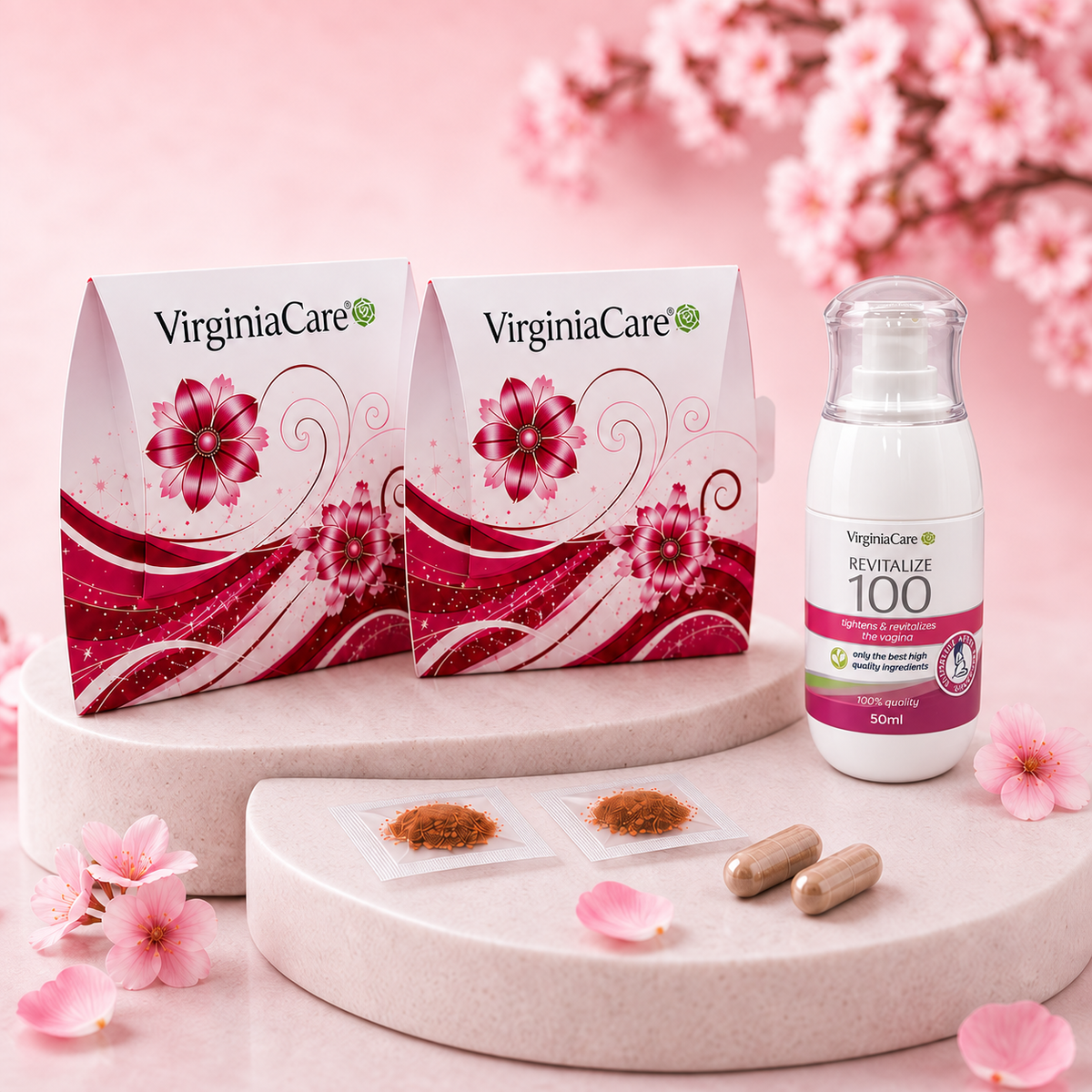 VirginiaCare Komplettpaket mit zwei Produktboxen, ReVitalize100 Gel, zwei Membranen und zwei Kapseln