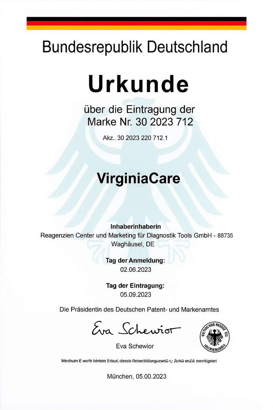 Urkunde zur eingetragenen Marke VirginiaCare