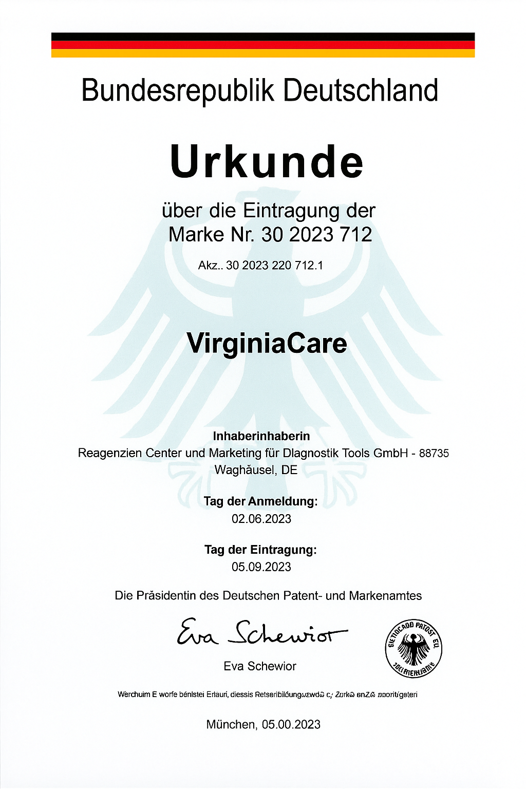 Urkunde zur eingetragenen Marke VirginiaCare